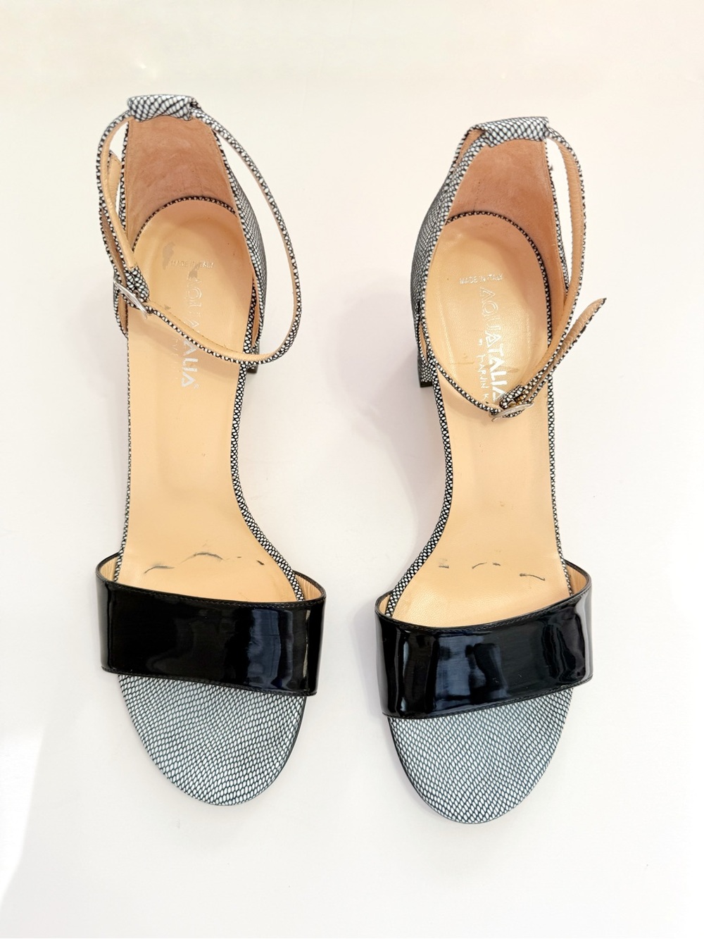 AQUATALIA black white print patent leather open toe chunky heel sandals - Picture 2 of 11